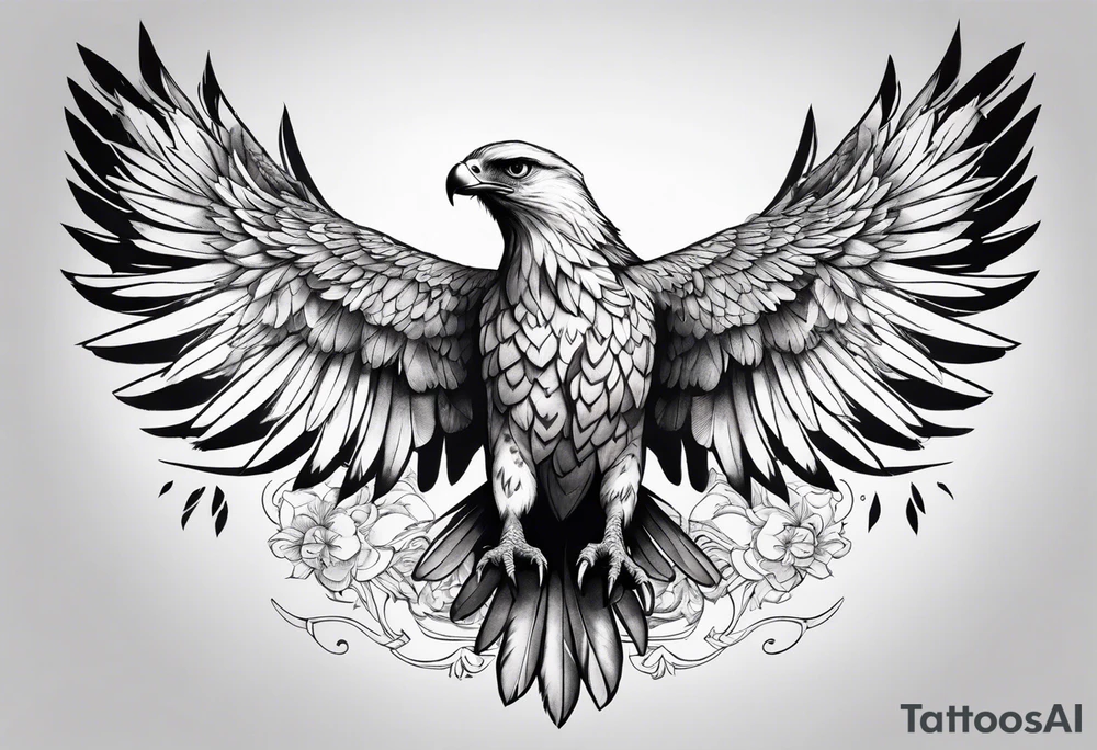 Hawk wings across male upper back and shoulders with detailed feathers, extending a few inches down each arm tattoo idea