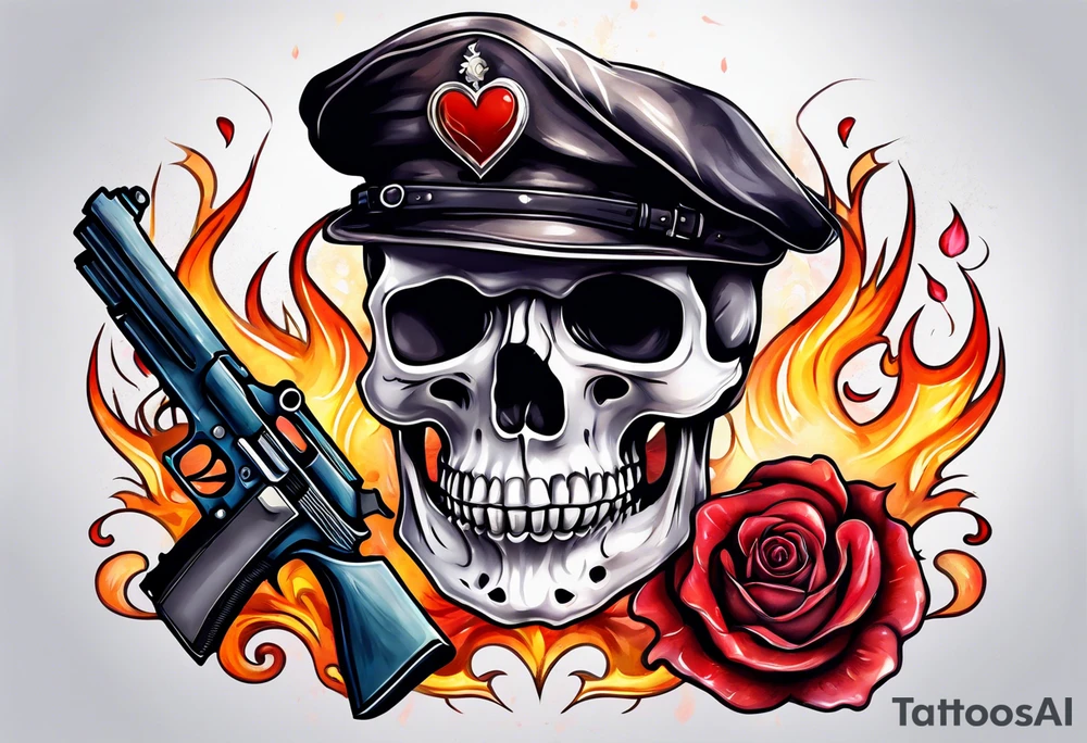 skull with a gun a  rose and an dominated by a  heart with  flames coming out of the top of it tattoo idea