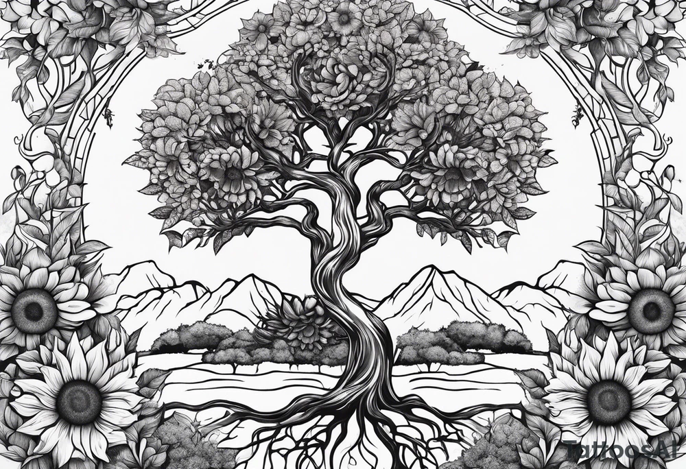 Feminine Yggdrasil tree and sunflowers tattoo idea