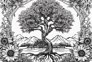 Feminine Yggdrasil tree and sunflowers tattoo idea