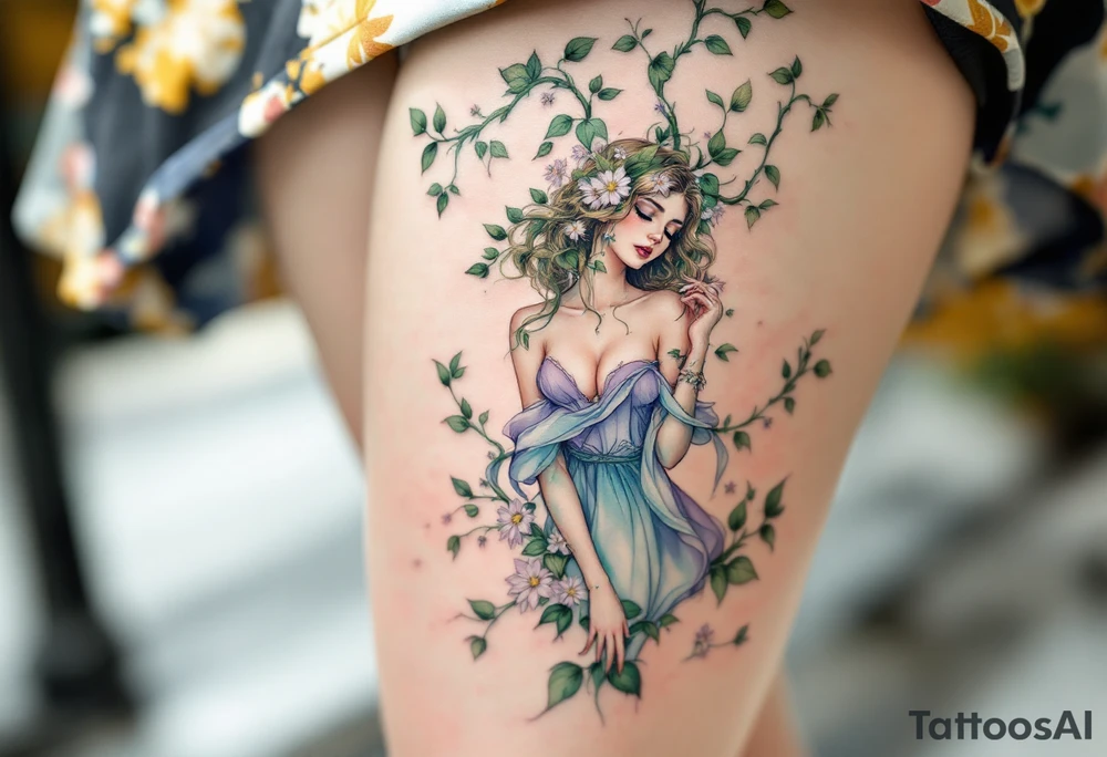 Alfons Mucha’s springtime spirit in a lavender dress, surrounded by mint green vines and delicate daisy-like blossoms. tattoo idea