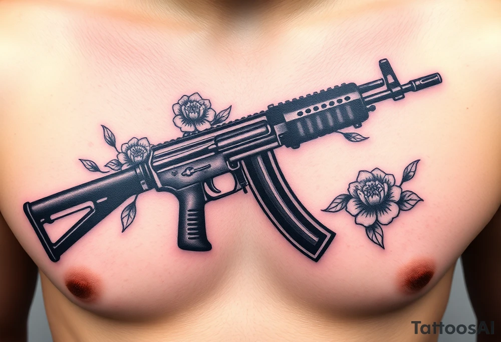 ak 47 black silhouette with floreal details tattoo idea