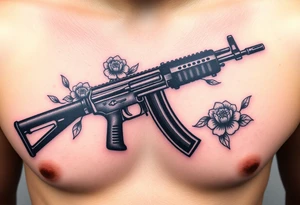 ak 47 black silhouette with floreal details tattoo idea