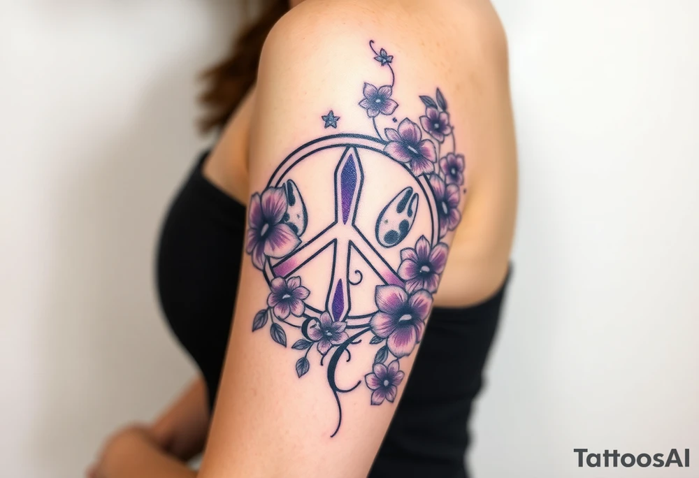 peace symbol, dog prints, Pisces symbol, intertwined with violets, amethyst, initials csb in cursive font tattoo idea