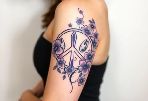 peace symbol, dog prints, Pisces symbol, intertwined with violets, amethyst, initials csb in cursive font tattoo idea