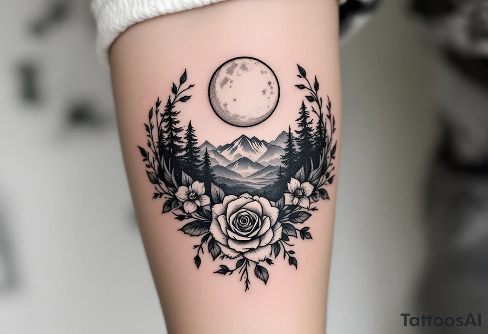 Rose vine with wolf, moon forest 
mountains wrap around tattoo idea