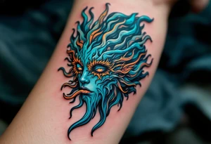 A half-human, half-aquatic being, with gills and bioluminescent skin, symbolizing Aquarius' adaptability and unconventional spirit. tattoo idea