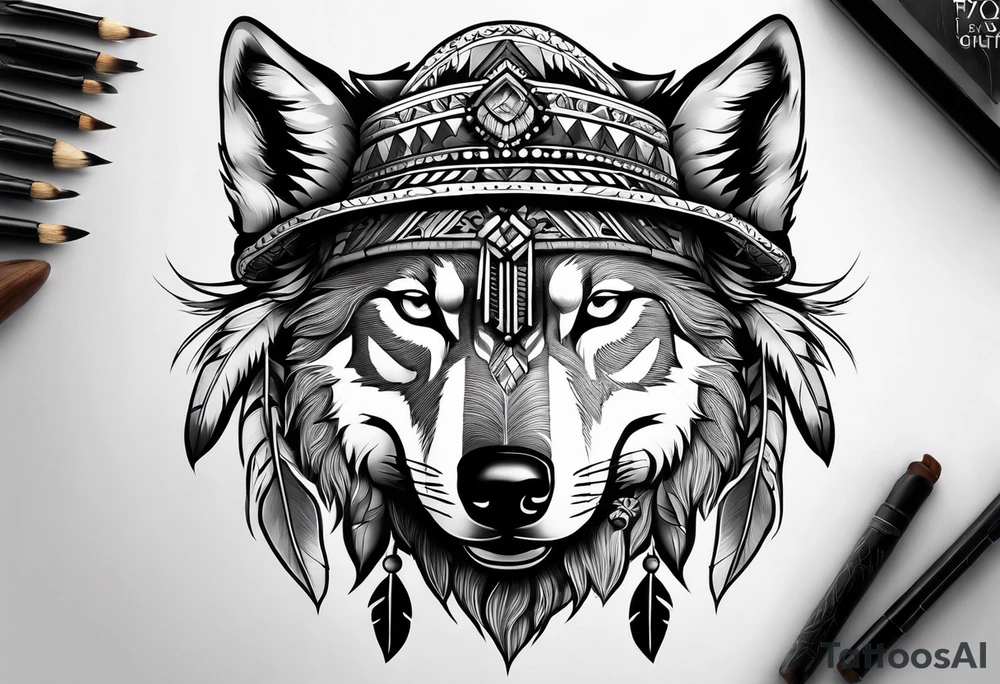 Half wolf head half skull with Native American bonnet tattoo idea