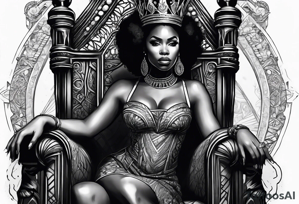 Beautiful black African queen with a crown sitting on a large iron throne tattoo idea