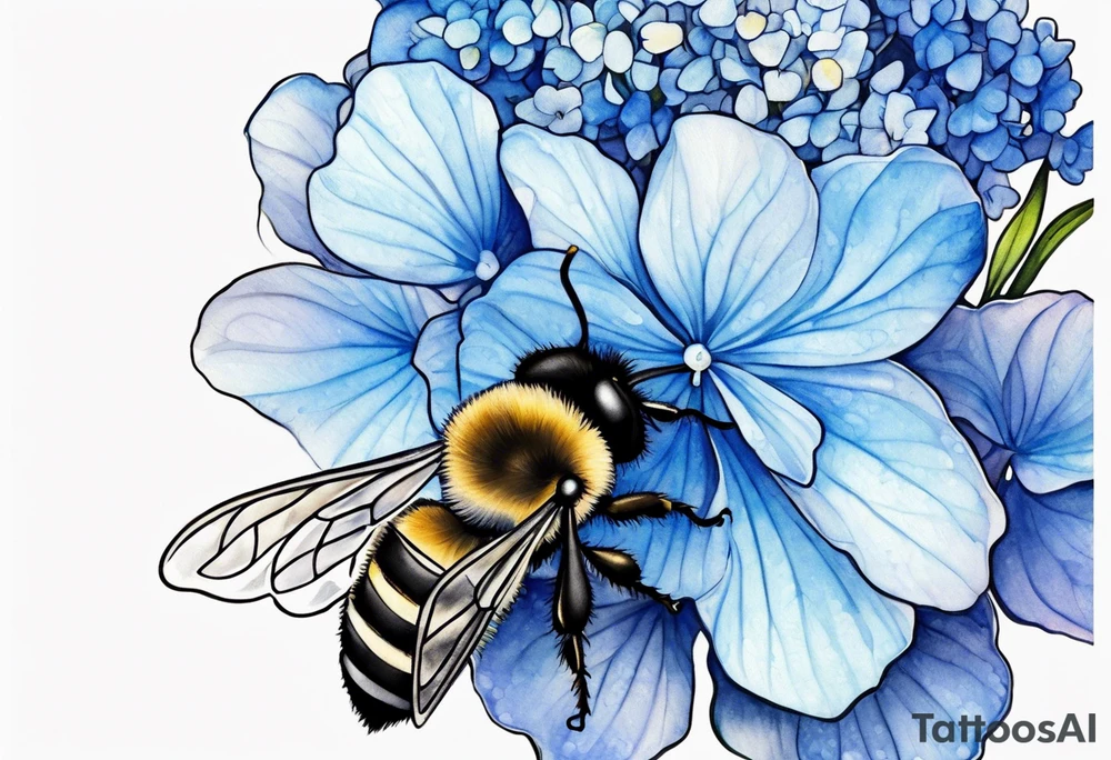 Small minimalist tattoo for forearm of a blue Hydrangea and a very small bee. tattoo idea