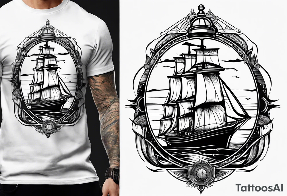 maritime lighthouse in a front view sailboat serving as a mast for a sail. tattoo idea