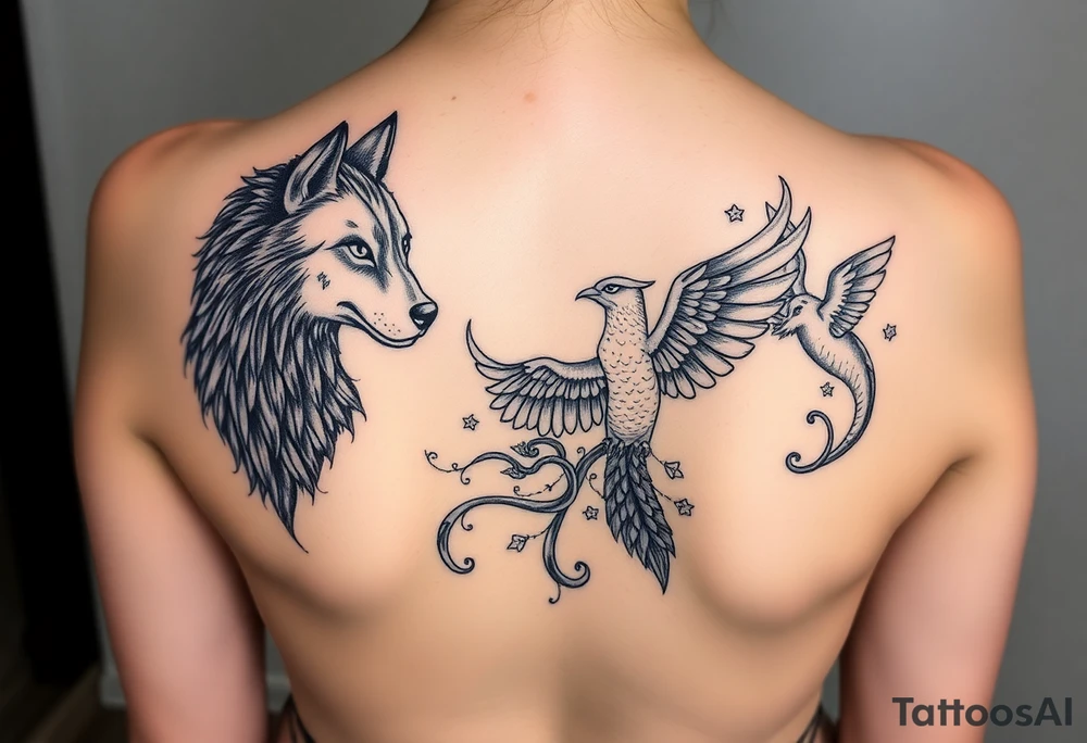 An open book with a werewolf, owl, dragon & phoenix tattoo idea An open book with a werewolf, owl, dragon & phoenix tattoo idea