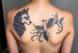 An open book with a werewolf, owl, dragon & phoenix tattoo idea