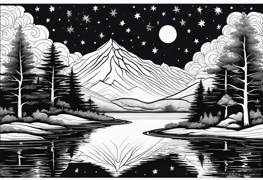 a lake reflecting a dark starry sky with a forest around it tattoo idea a lake reflecting a dark starry sky with a forest around it tattoo idea