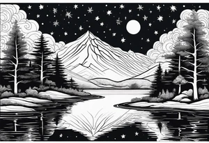 a lake reflecting a dark starry sky with a forest around it tattoo idea
