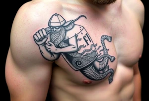 A large humanized aquarius carrying a jar on the shoulder, from the jar flows out of water to create a marine environment tattoo idea
