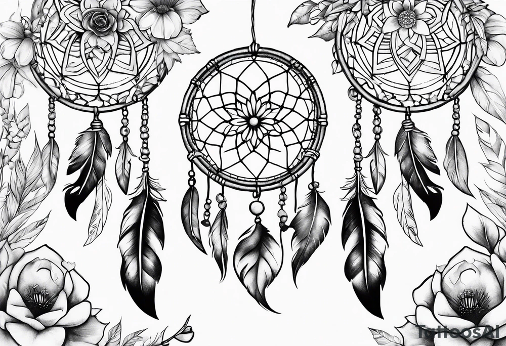Dream catcher with hearts and flowers tattoo idea