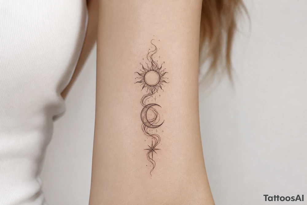 Sun, Moon, and Rising Star in the same red stencil aesthetic, with the smoke weaving through and overlapping each celestial symbol so they feel like a cohesive set for sternum placement. The Rising Star specifically incorporates the same flowing ribbon effect you liked in the Moon and Sun references. tattoo idea