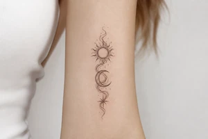Sun, Moon, and Rising Star in the same red stencil aesthetic, with the smoke weaving through and overlapping each celestial symbol so they feel like a cohesive set for sternum placement. The Rising Star specifically incorporates the same flowing ribbon effect you liked in the Moon and Sun references. tattoo idea