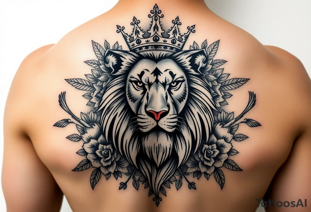 powerful majestic lion with a crown, surrounded by floral ornaments and birds tattoo idea