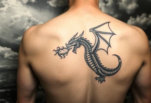 fierce dragon breathing iridescent fire against stormy skies tattoo idea
