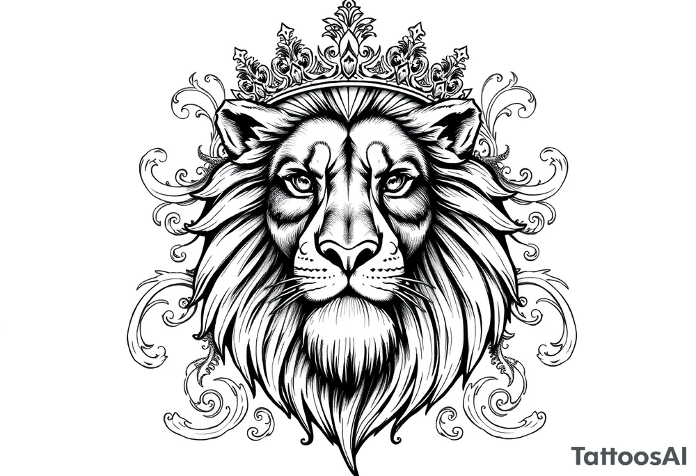 majestic lion wearing ornate crown, surrounded by baroque flourishes tattoo idea