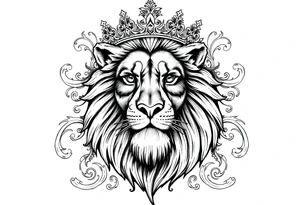 majestic lion wearing ornate crown, surrounded by baroque flourishes tattoo idea