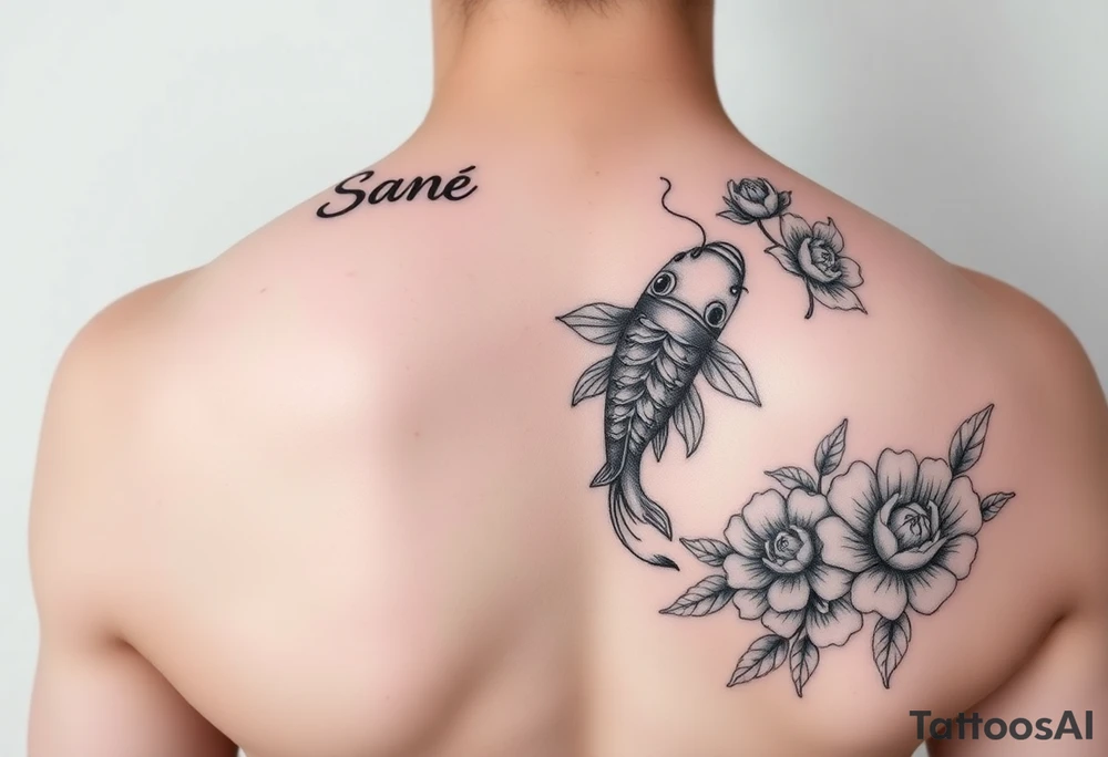 I want the tattoo starting at my collar bone, and I want it to go down my arm, but doesn’t go past my elbow. I want my middle name, Sané” on my collarbone area and I want the red and black koi fish too on my shoulder area. And I want flowers that represent healing, happiness, and peace and purity. tattoo idea