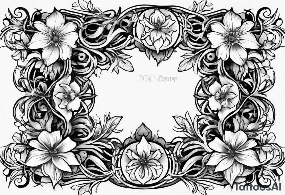 Ankle tattoo that is a vine wrapping around the ankle with flowers representing the months of August, November, February, September, January and July tattoo idea