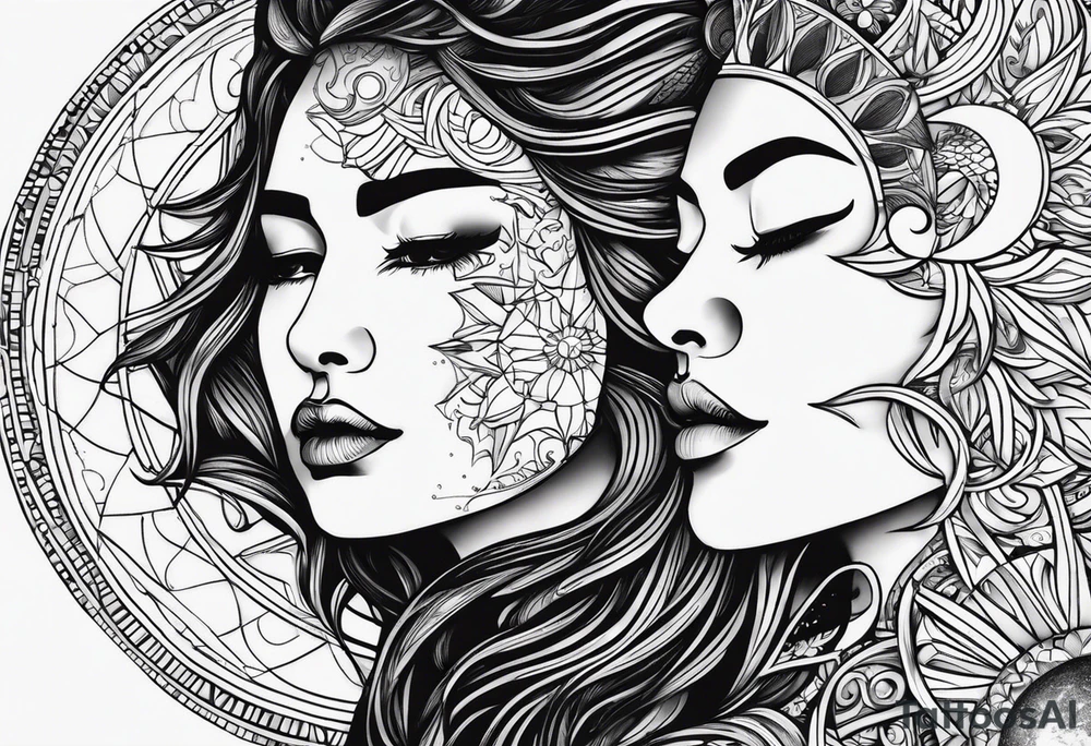 sun and the moon, the overlap
the sun has a woman's half
face, and the moon, a man's face half tattoo idea