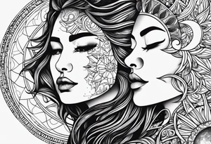 sun and the moon, the overlap
the sun has a woman's half 
face, and the moon, a man's face half tattoo idea