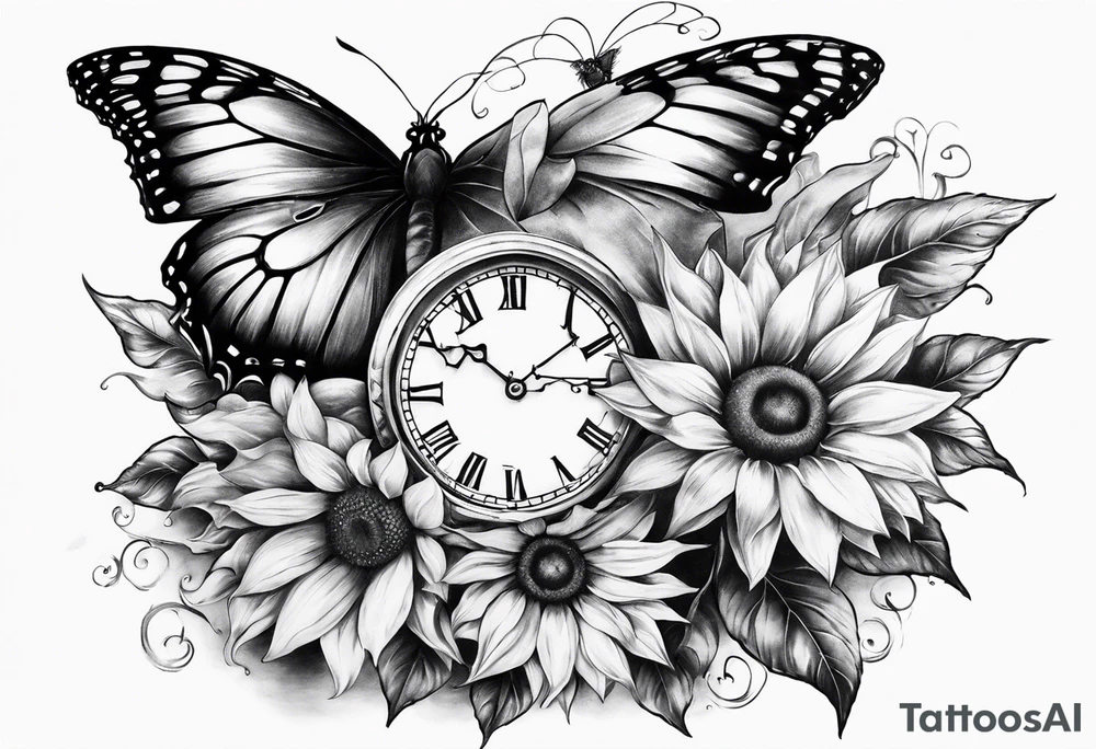 Sleeve with clock, sunflower and butterfly tattoo idea