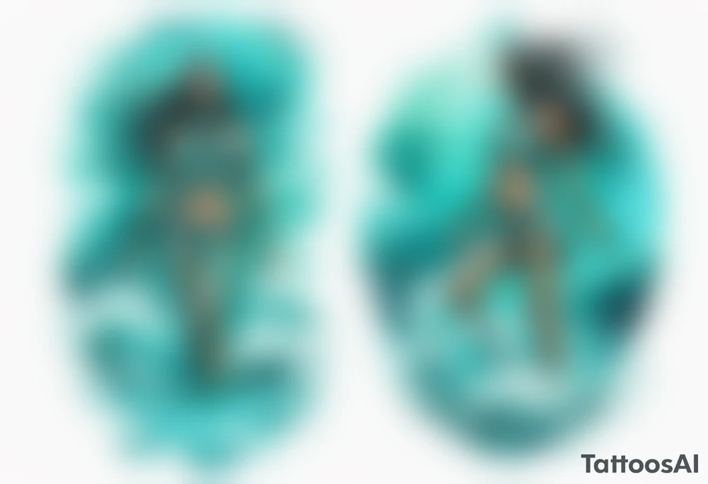 a turquoise Na'vi woman standing in the sea with water for legs surrounded by crashing waves tattoo idea