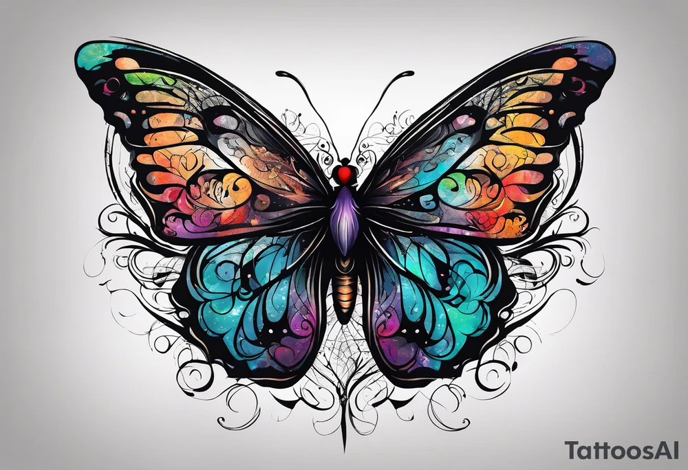 butterfly with one wing black scribbles, the other wing beautiful and colorful, the body has the date 1.9.2023 and the words written "I chose to live." tattoo idea
