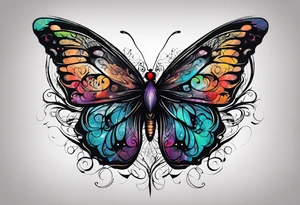butterfly with one wing black scribbles, the other wing beautiful and colorful, the body has the date 1.9.2023 and the words written "I chose to live." tattoo idea