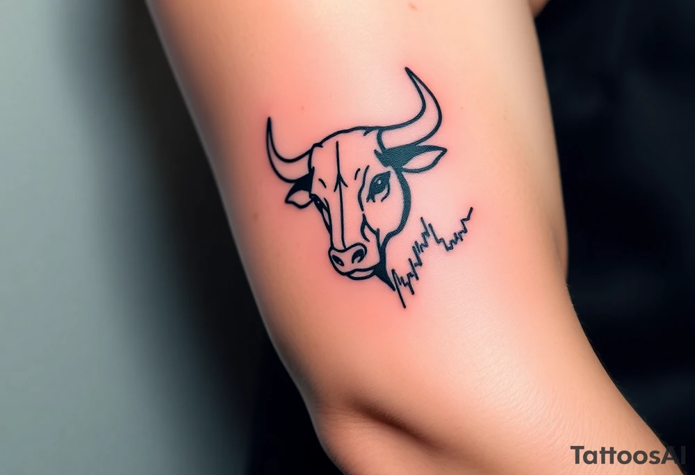 Create a minimalist black line tattoo of a bull’s head that transitions into an upward-trending candlestick stock chart. The design should have clean, fluid lines and combine the bull’s face and horns on the left, with the candlestick chart rising to the right, forming the shape of the bull’s jaw/neck. Keep the style simple and elegant, suitable for a forearm or upper arm tattoo.” tattoo idea