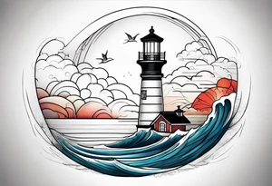 lighthouse at the ocean, minimalist, fine line tattoo idea