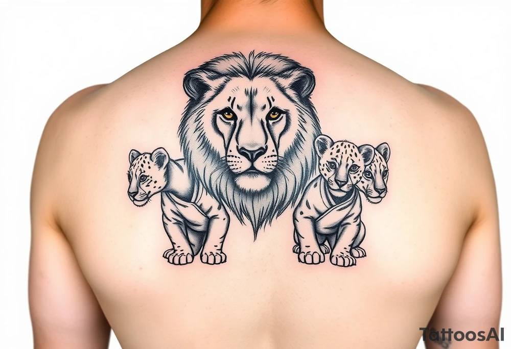 Lion on the safari with his two cubs wearing jiu jitsu gis tattoo idea