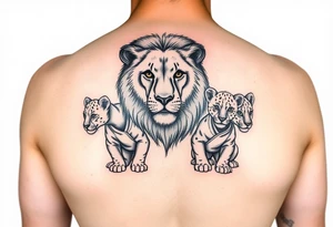 Lion on the safari with his two cubs wearing jiu jitsu gis tattoo idea
