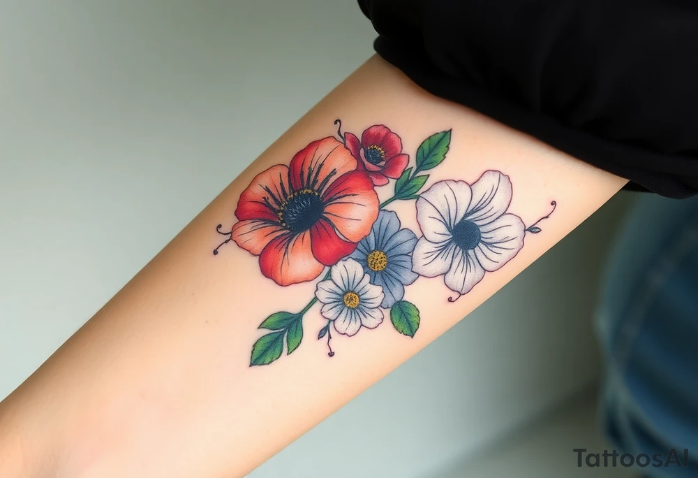 Fore arm tattoo in the neo american traditional style. I want to incorporate a few different flowers: Poppies, Morning Glory, Narcissus with green leaves in the background tattoo idea