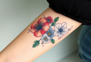 Fore arm tattoo in the neo american traditional style. I want to incorporate a few different flowers: Poppies, Morning Glory, Narcissus with green leaves in the background tattoo idea