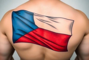 A waving Czech flag with a realistic fabric texture, with blue, red, and white colors flowing dynamically in the wind. tattoo idea