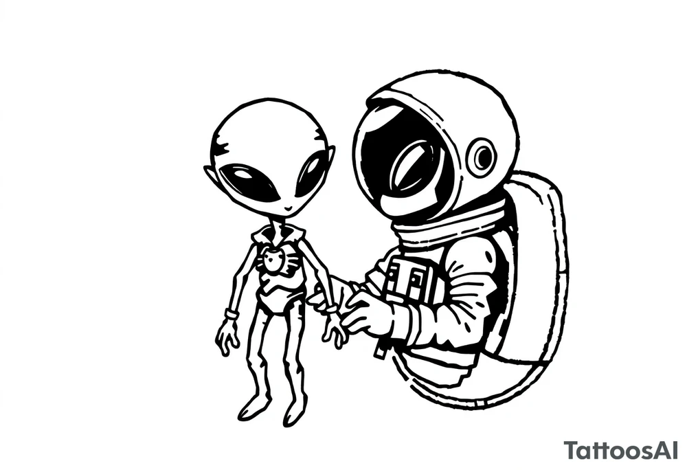 A silhouette stencil style drawing of a cute alien and astronaut tattoo idea