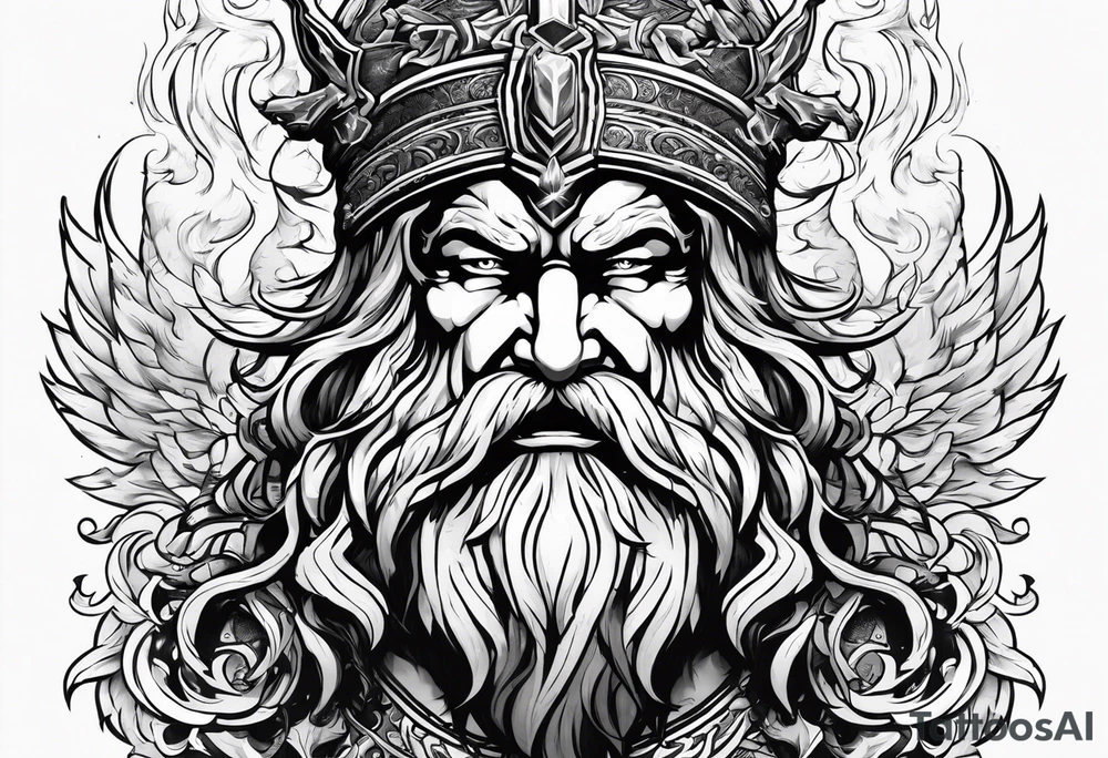 The enraged god Zeus the Thunderer with lightning bolts in a furious tattoo idea