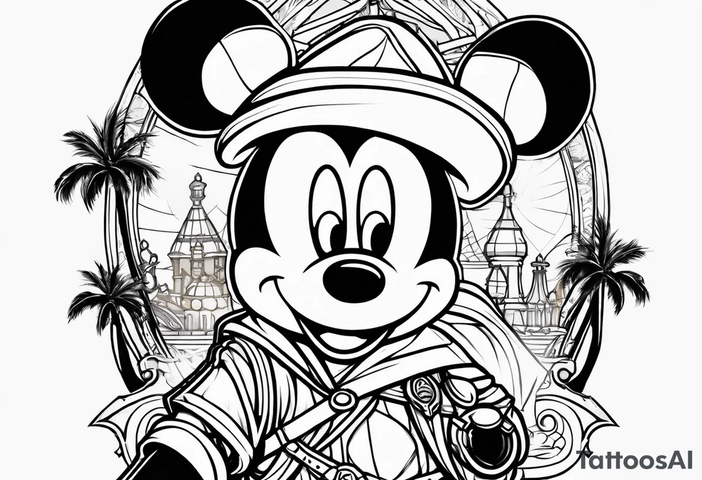 mickey mouse assassins creed character that is in the style of tron with palm trees tattoo idea