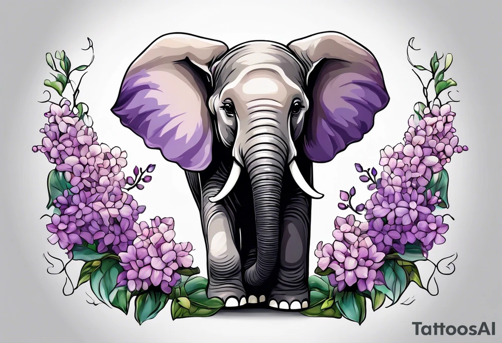 Baby elephant sitting with lilacs in its trunk tattoo idea