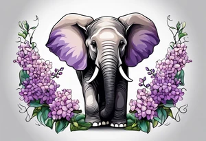 Baby elephant sitting with lilacs in its trunk tattoo idea