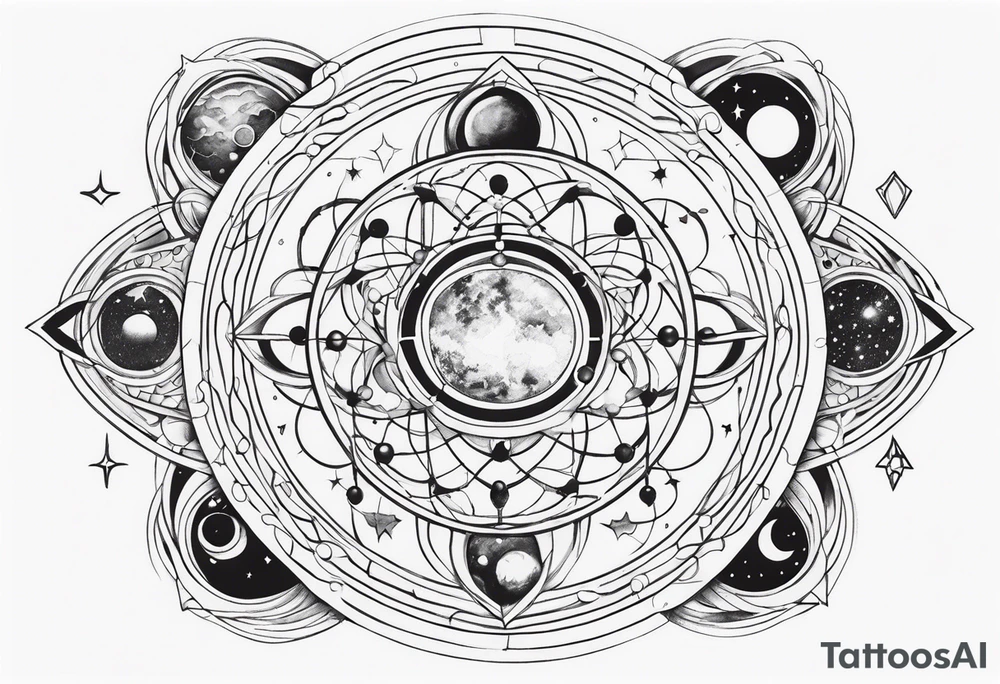 universe full of atoms and spiritual symbols tattoo idea