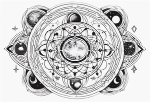 universe full of atoms and spiritual symbols tattoo idea
