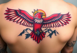 A red and white Moravian eagle with golden crown on its head  soaring above mountain peaks, with the sun rising behind it tattoo idea